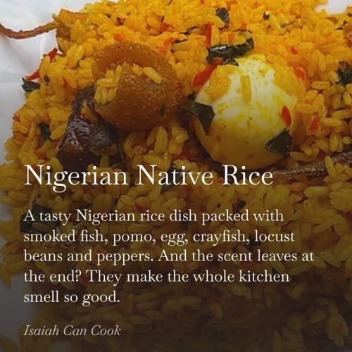Nigerian native rice topped with smoked fish and egg